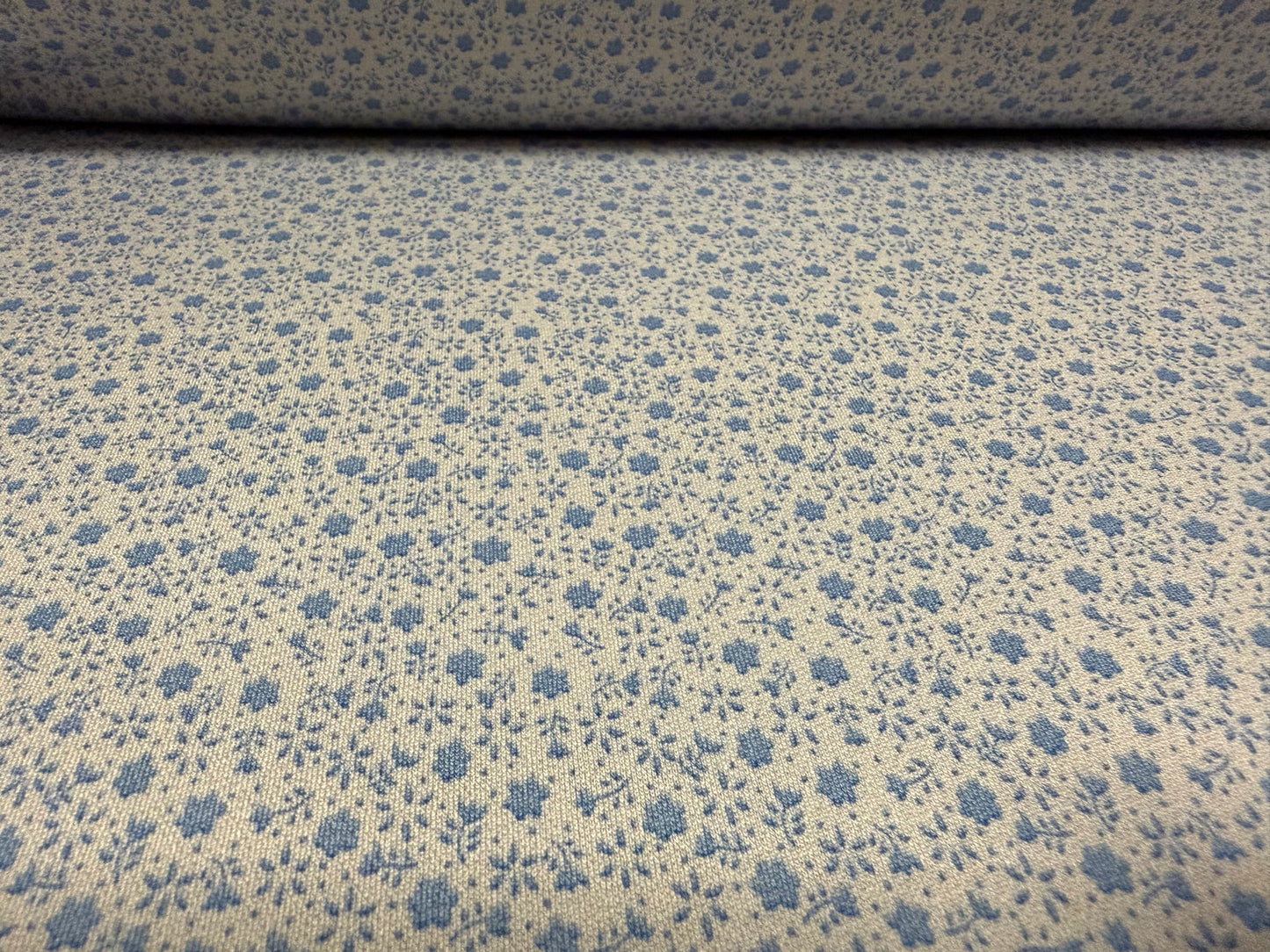 Stretch spandex crepe jersey fabric, per metre - ditsy floral print - grey & blue