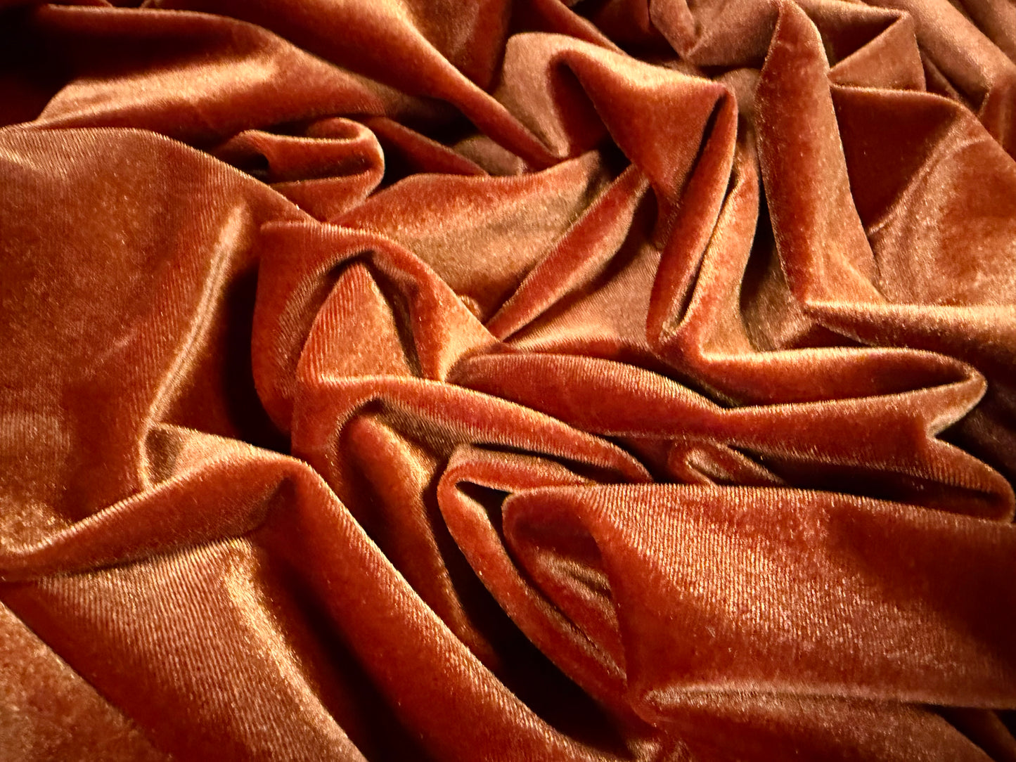 Spandex velvet stretch dress fabric, per metre - plain - burnt ginger