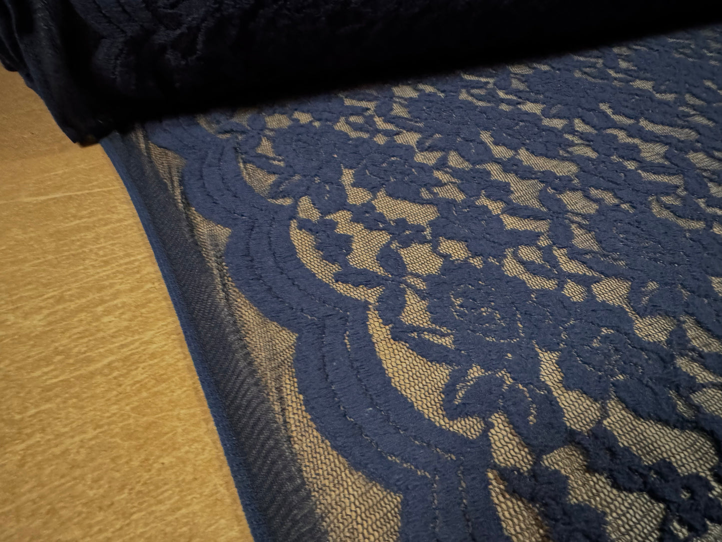 Stretch cotton spandex lace fabric with decorative selvedge, per metre - floral - navy blue