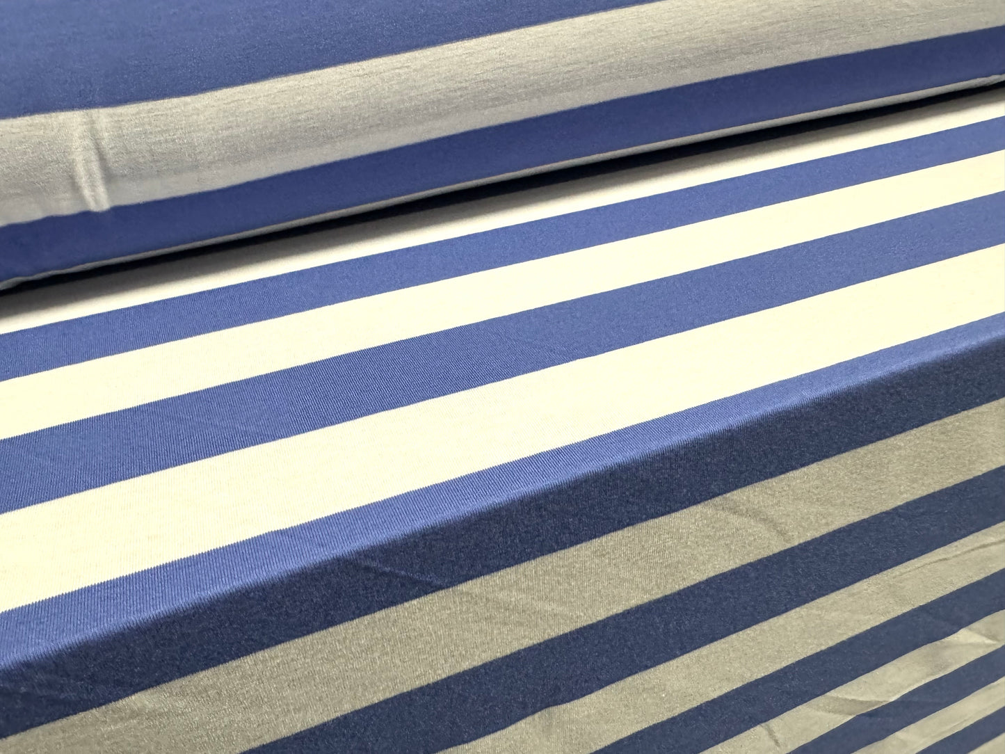 Viscose spandex stretch single jersey fabric, per metre - stripe - coastal blue & white