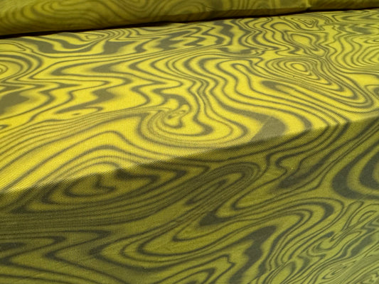 Power mesh net stretch spandex fabric, per metre - swirl print - mustard