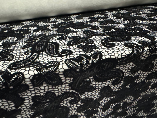 Stretch spandex double jersey fabric, per metre - flocked paisley print - white & black