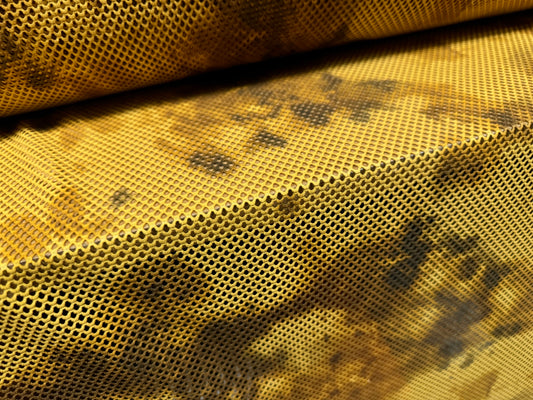 Stretch fishnet mesh jersey fabric, per metre - tie dye print - mustard & brown