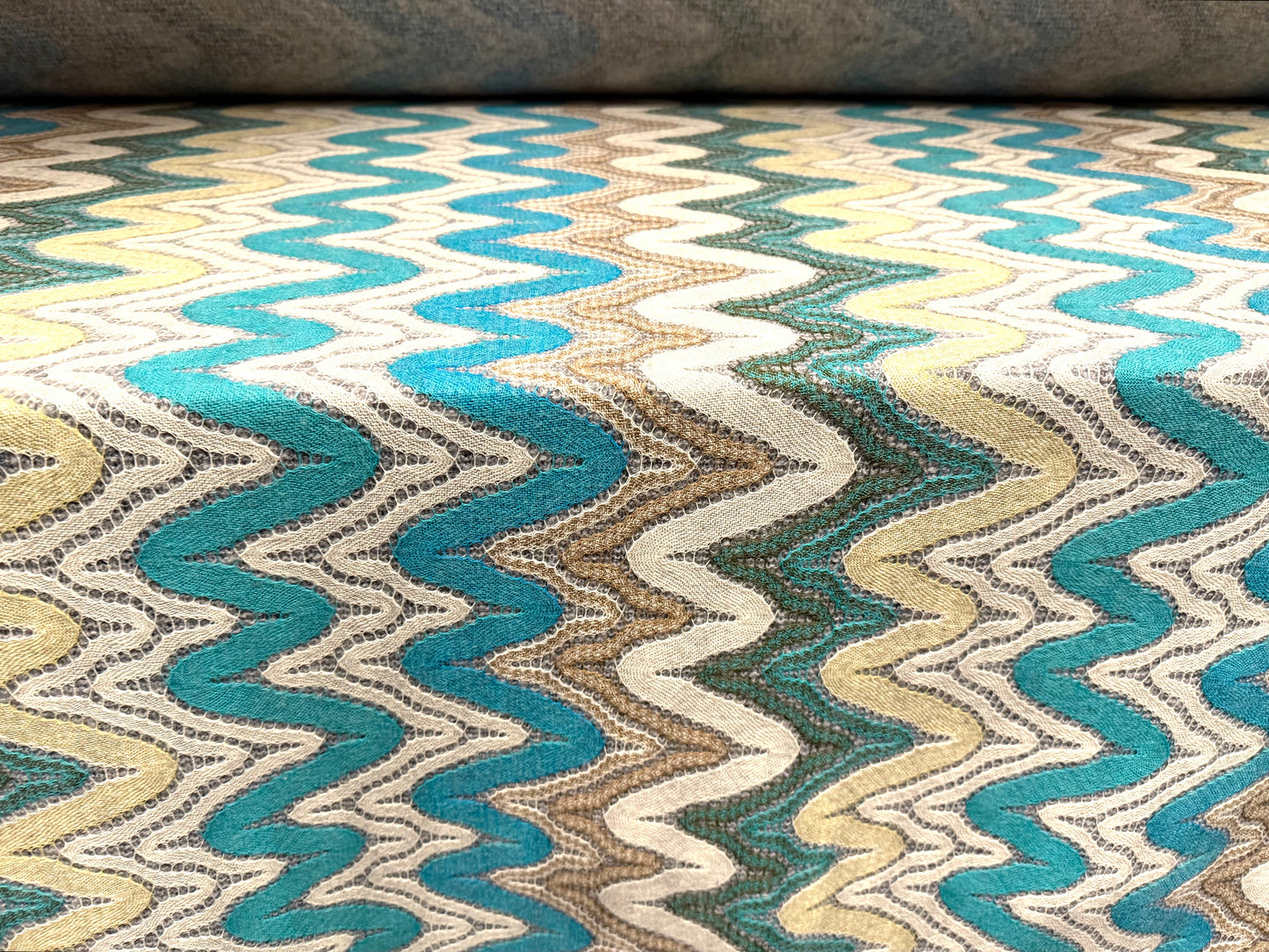 Wool blend heavyweight jacquard fabric, per metre - zigzag wave - turquoise & cream