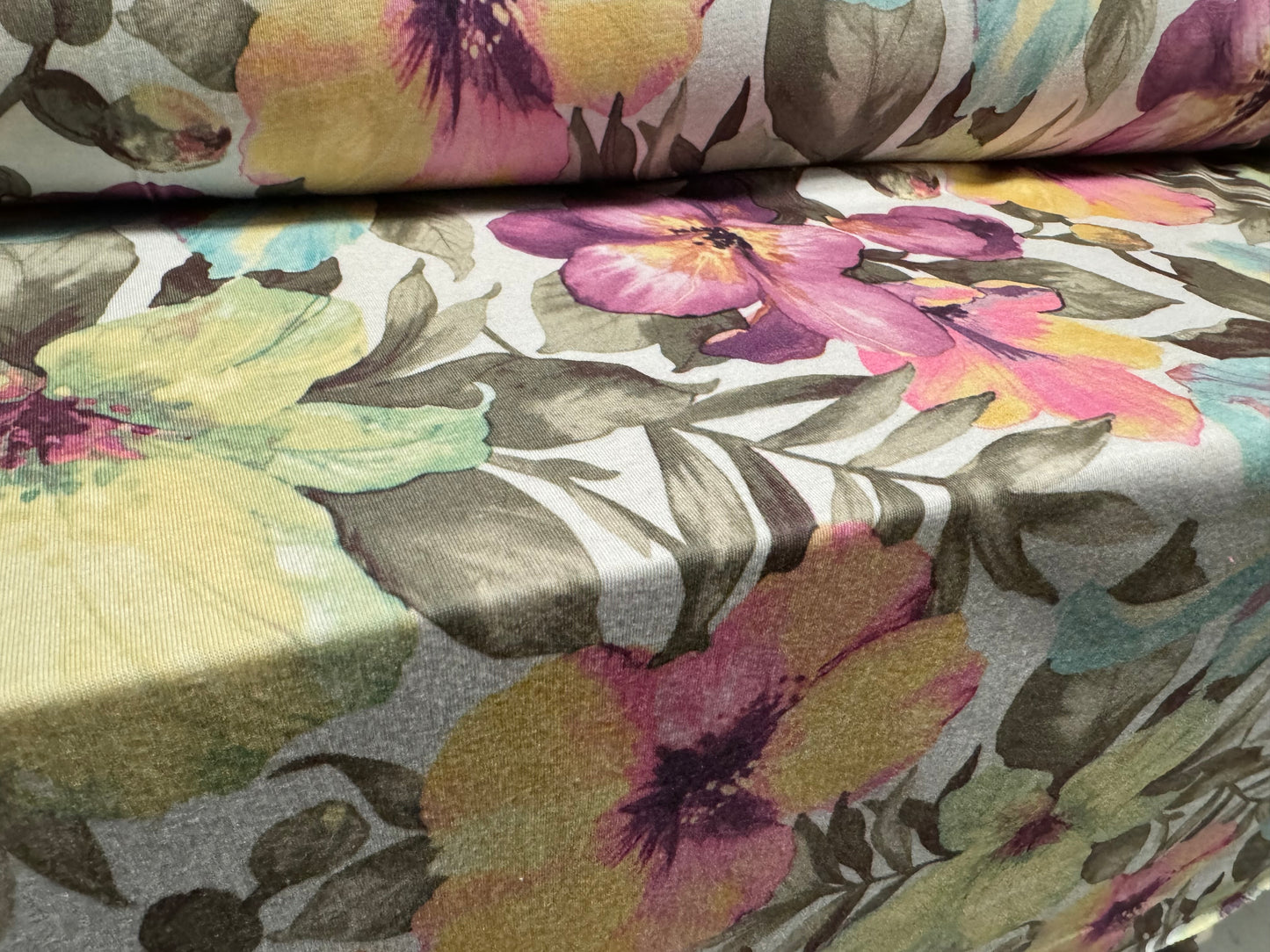 Soft handle stretch single jersey fabric, per metre - lily flower print - green & magenta