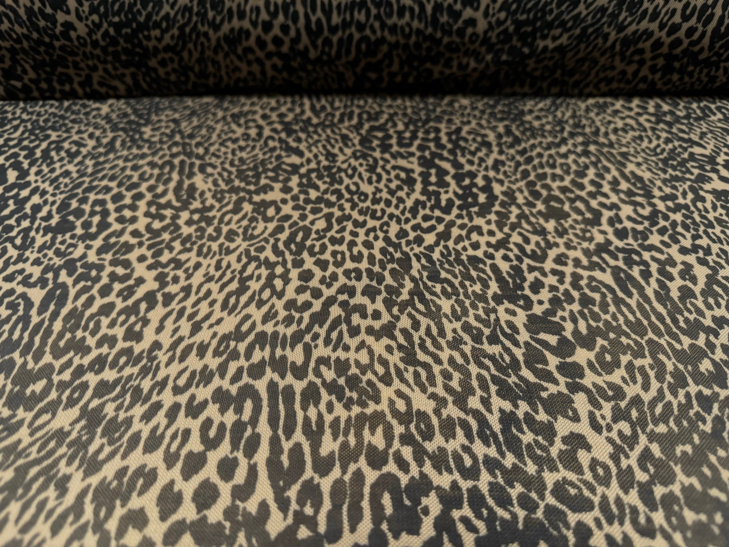 Power mesh net stretch spandex fabric, per metre - micro leopard print - stone & black