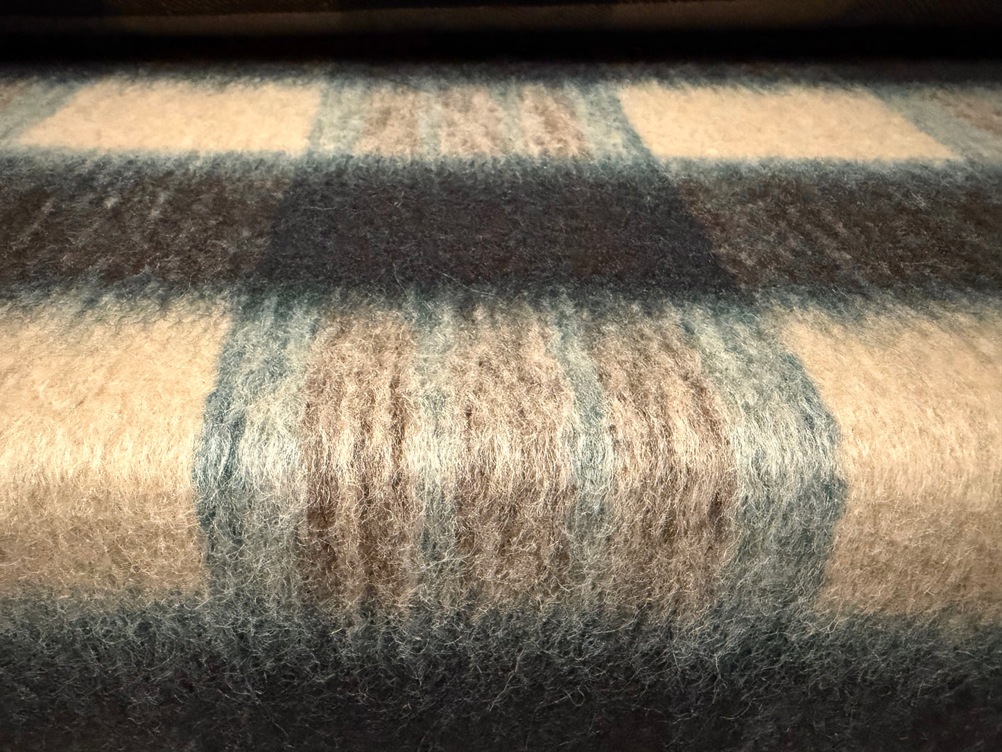 Wool faux fur fabric, per metre - distressed plaid - beige brown & teal