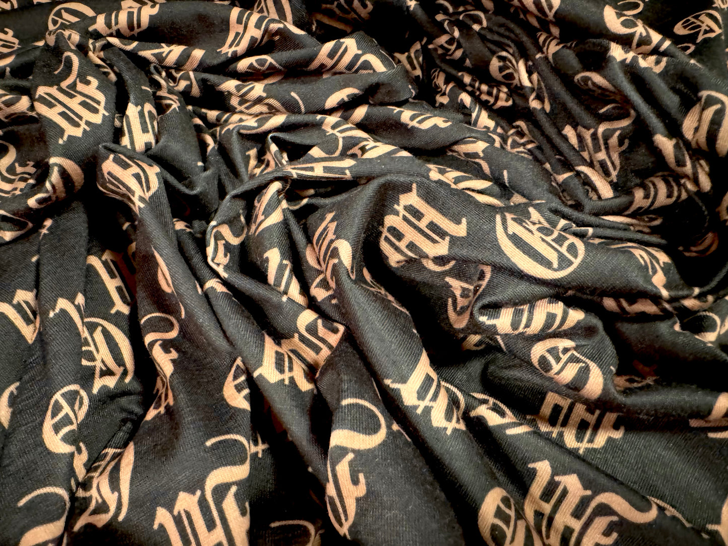 Soft handle stretch single jersey fashion fabric, per metre - designer letters print - charcoal