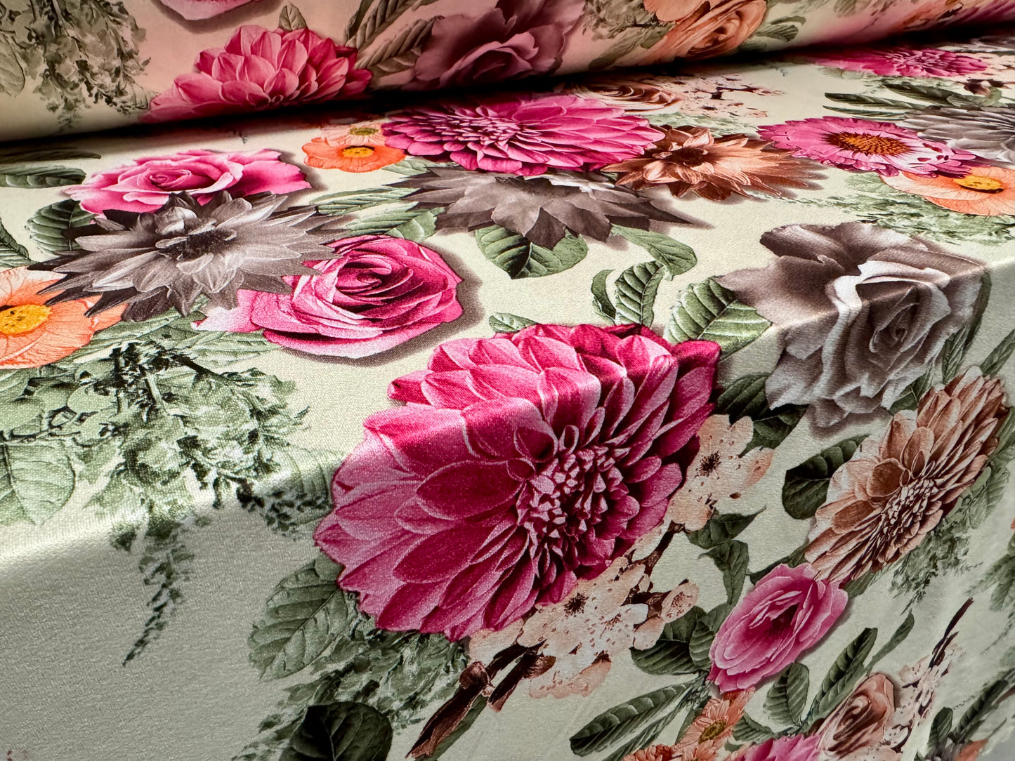 Stretch spandex crepe single jersey dress fabric, per metre - carnations and roses print - pistachio cream & pink