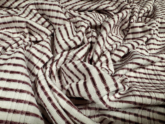 Stretch Spandex rib jersey fabric, per metre - stripe - aubergine & off white