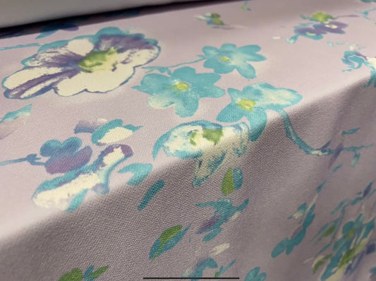 Stretch crepe woven dress fabric, per metre - floral print - lilac & turquoise