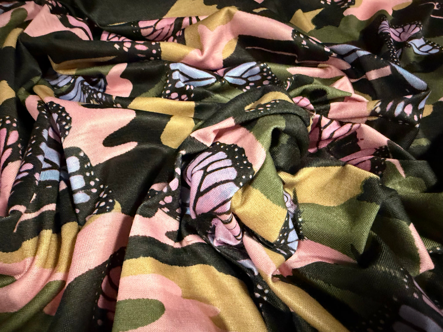 Soft handle stretch jersey fabric, per metre - butterfly camouflage print
