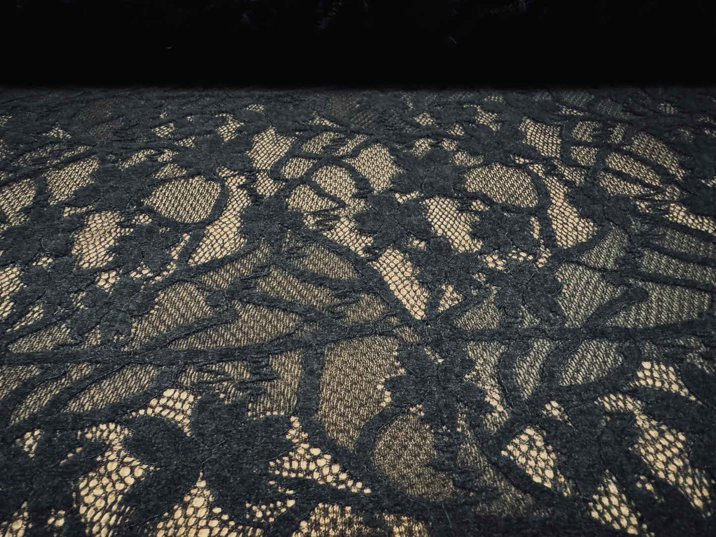 Stretch lace dress fabric, per metre - flocked leaves & flowers - black