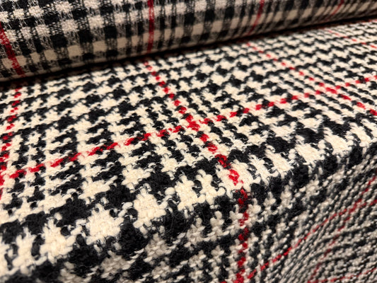 Heavyweight wool bouclé fabric, per metre - houndstooth - cream red & black