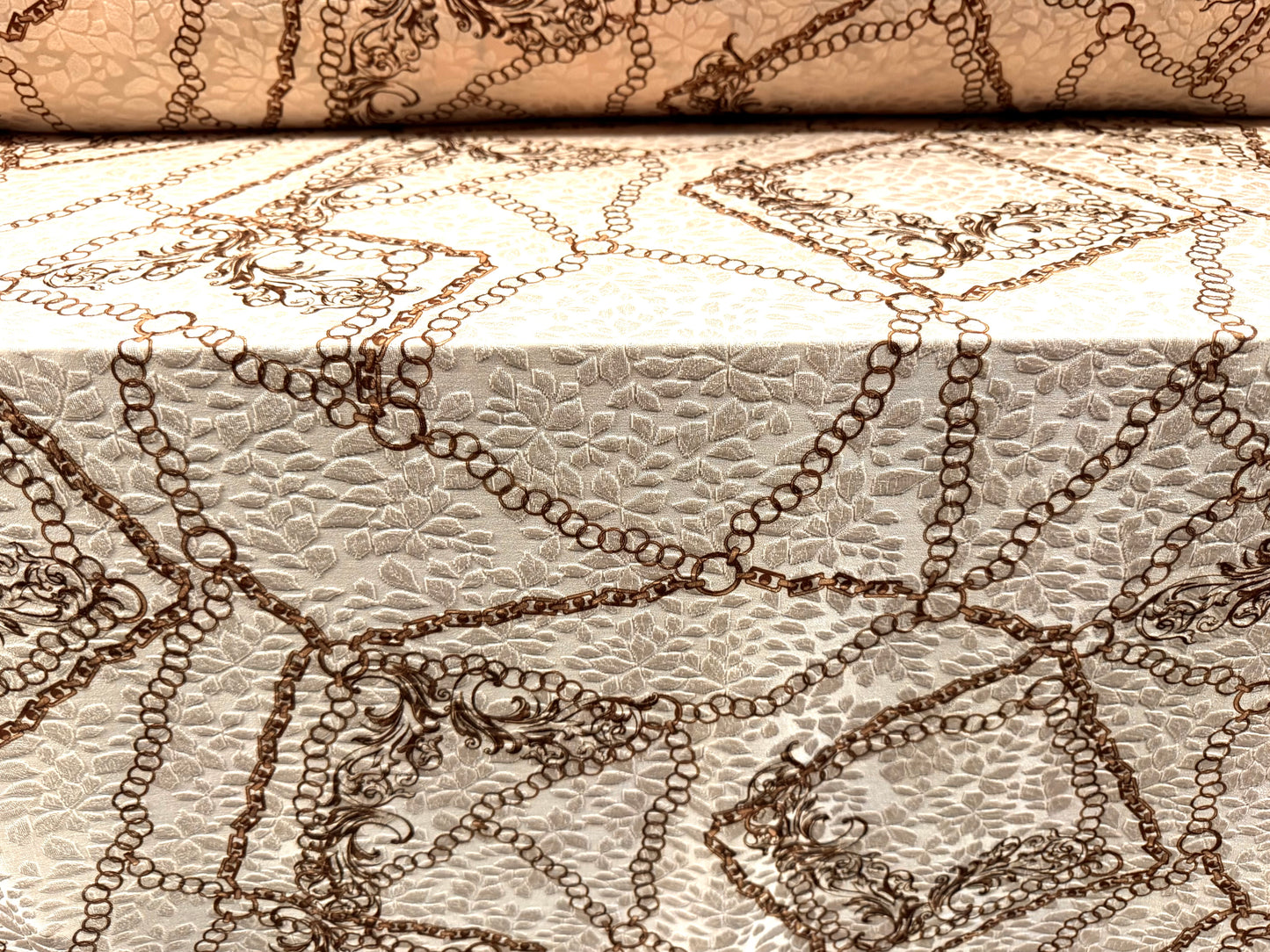 Stretch spandex jersey jacquard fabric, per metre - gold chains print - cream