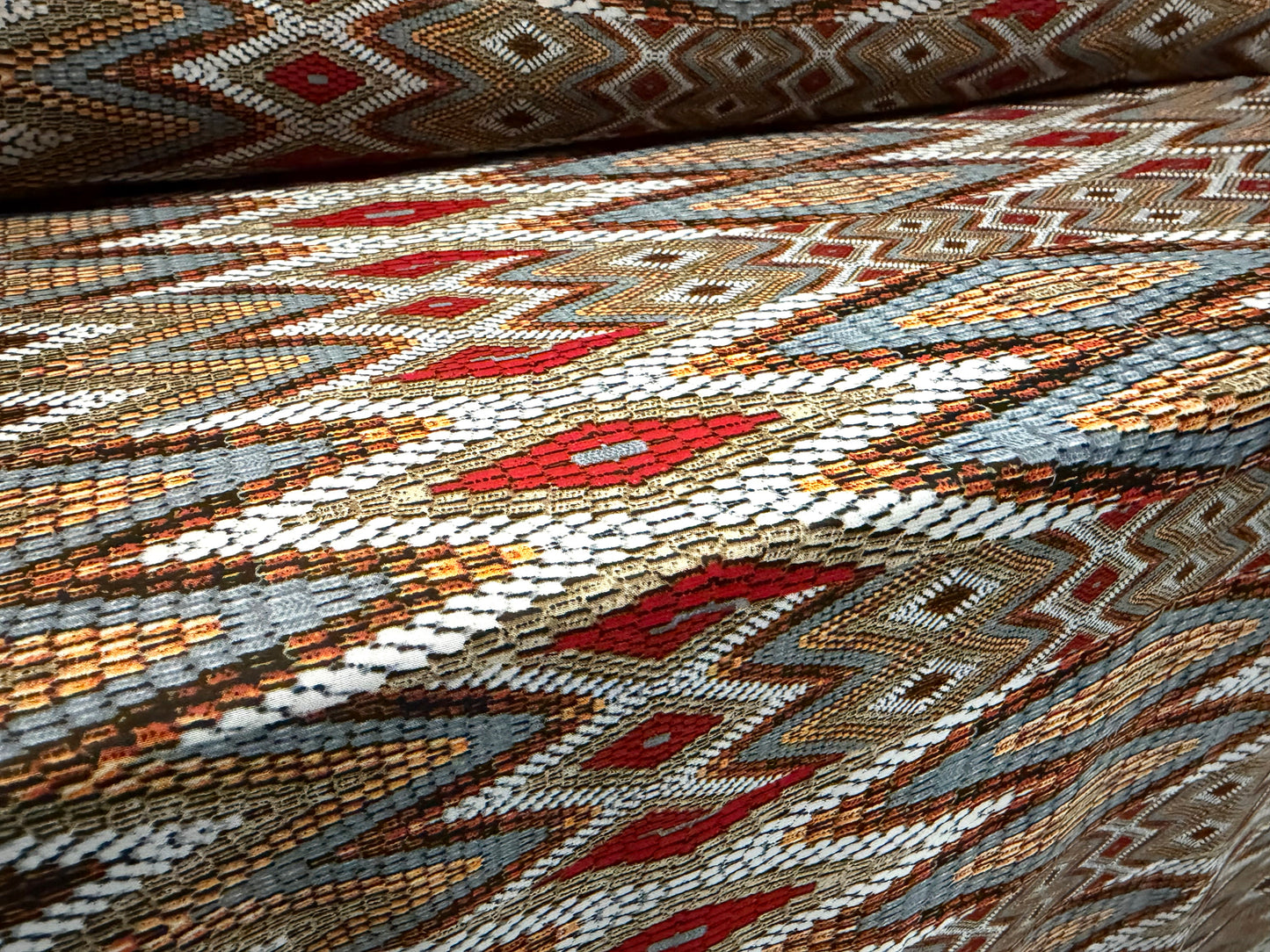 Chiffon woven dress blouse fabric, per metre - Ikat print - burnt orange & grey