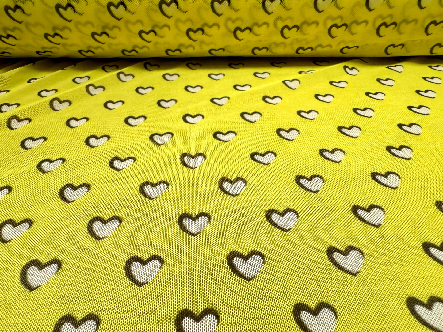 Power mesh net stretch spandex fabric, per metre - love heart print - lemon