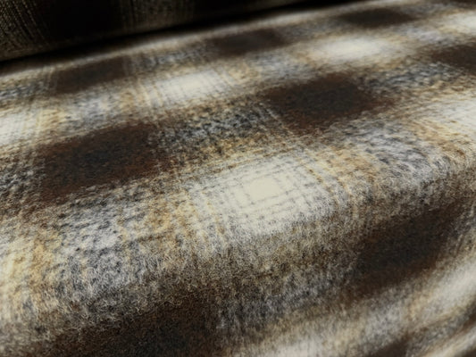 Heavyweight wool flannel coat jacket fabric, per metre - plaid check - olive brown & black