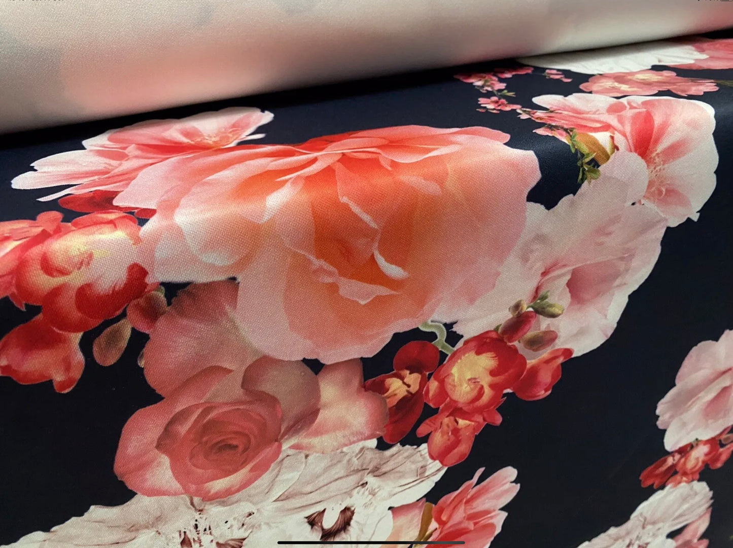 Scuba stretch spandex double jersey dress fabric, per metre - roses and lillies floral print - navy blue & pink