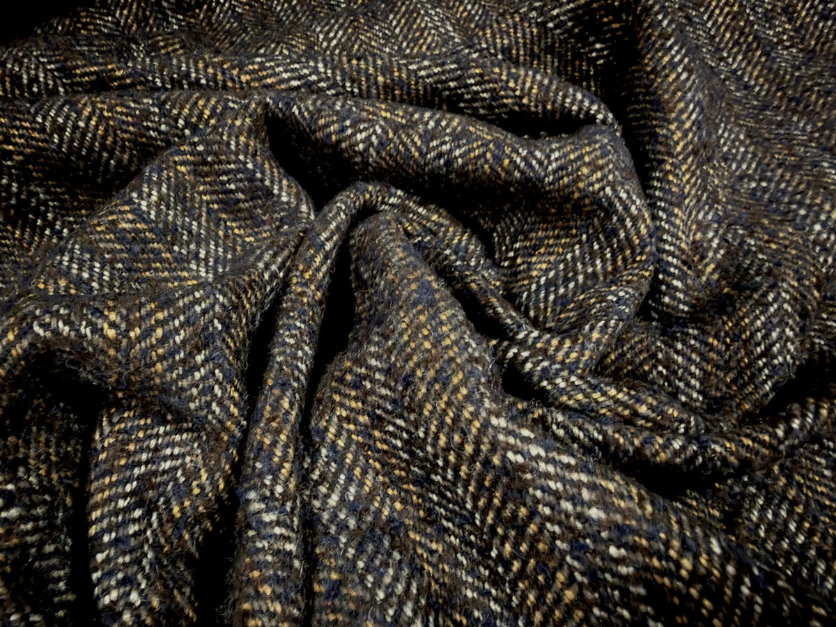Wool bouclé fabric, per metre - herringbone - black & mustard