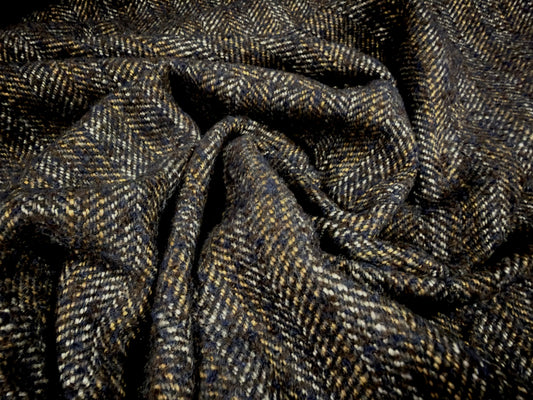 Wool bouclé fabric, per metre - herringbone - black & mustard