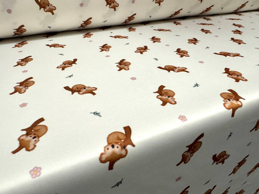 Scuba stretch spandex double jersey fabric, per metre - koala bear print - white & brown