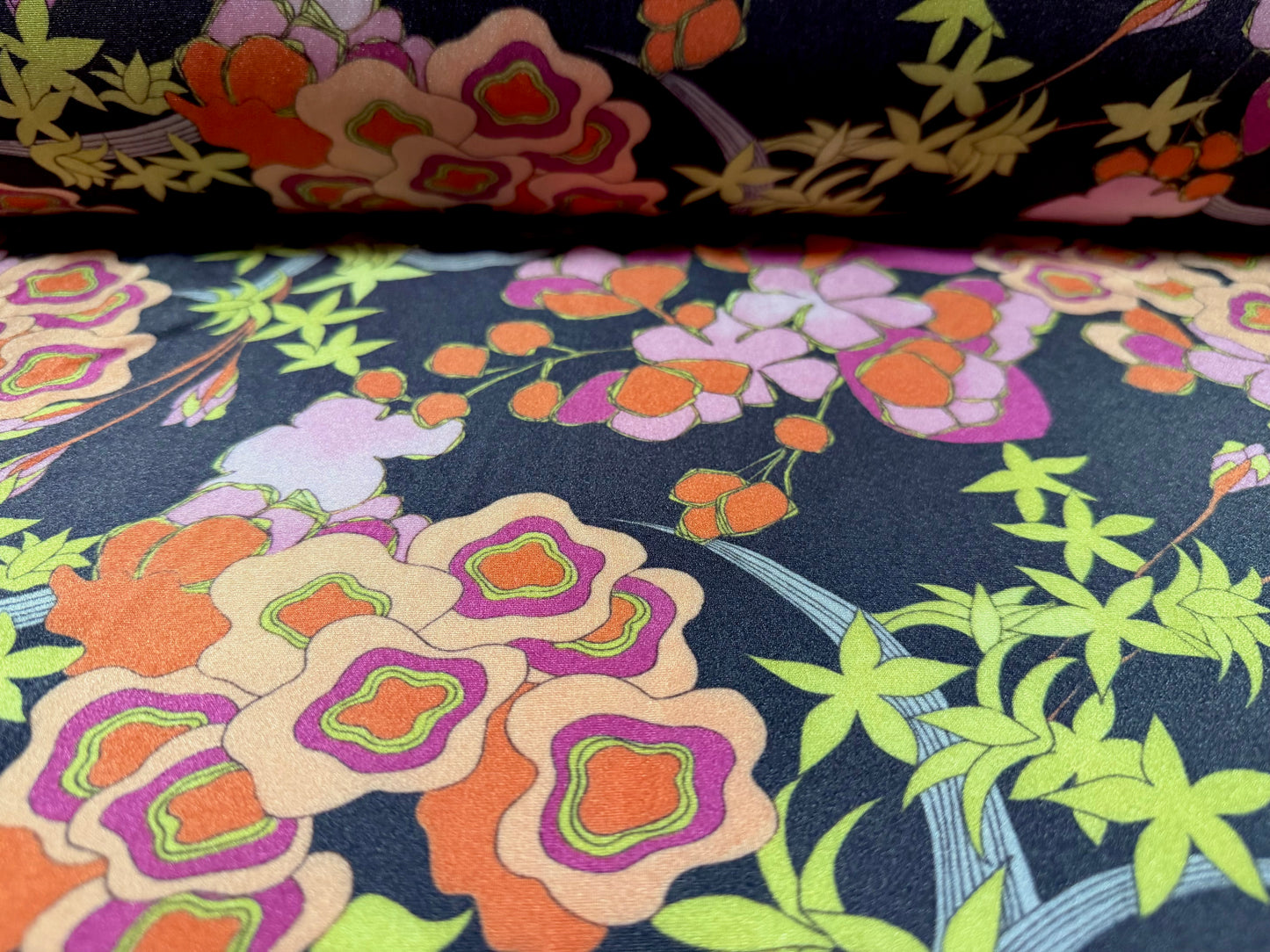 Swimwear stretch spandex jersey fabric, per metre - retro floral print - black peach & pink