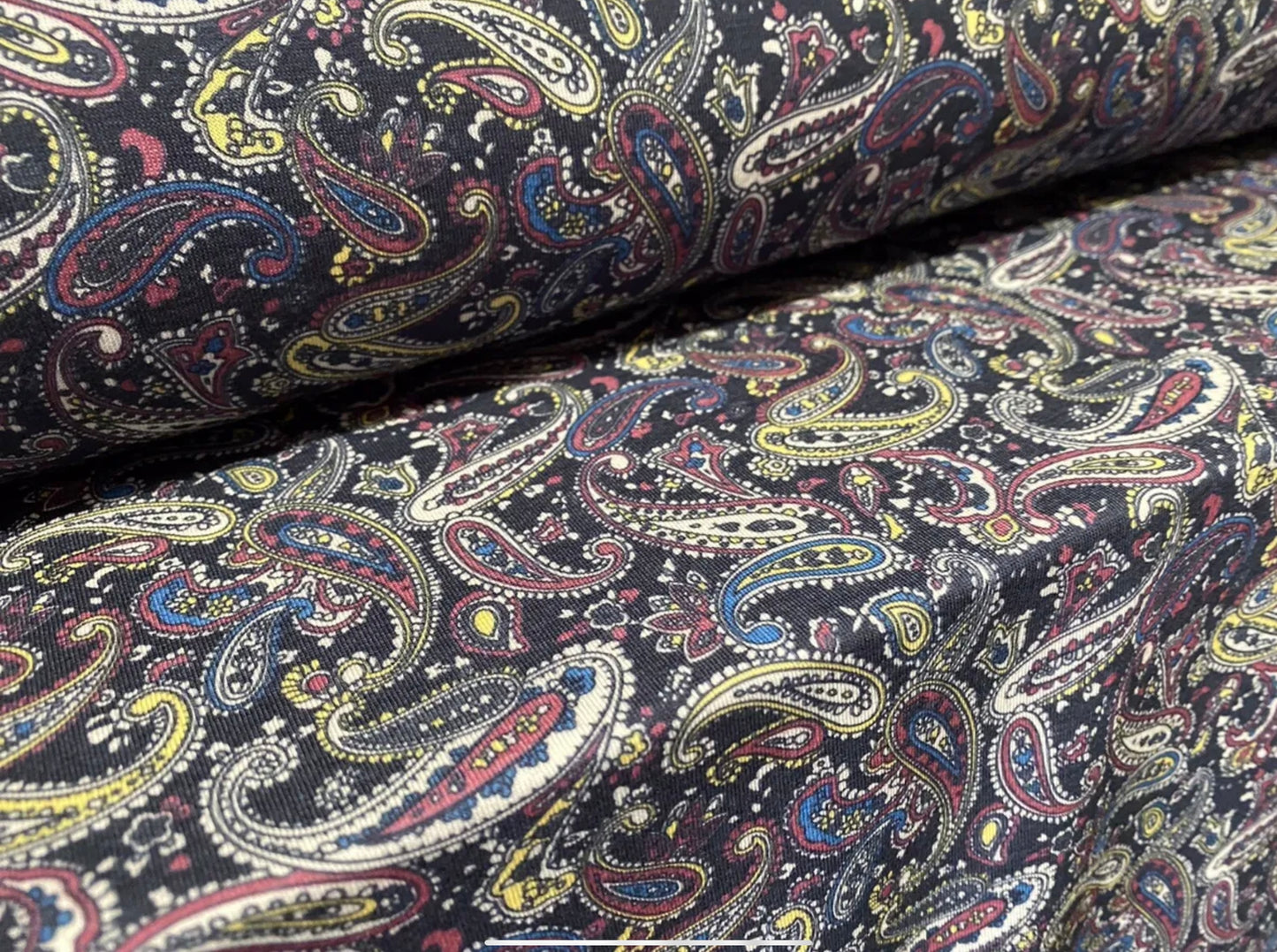 Soft handle single jersey fashion fabric, per metre - paisley print - navy blue