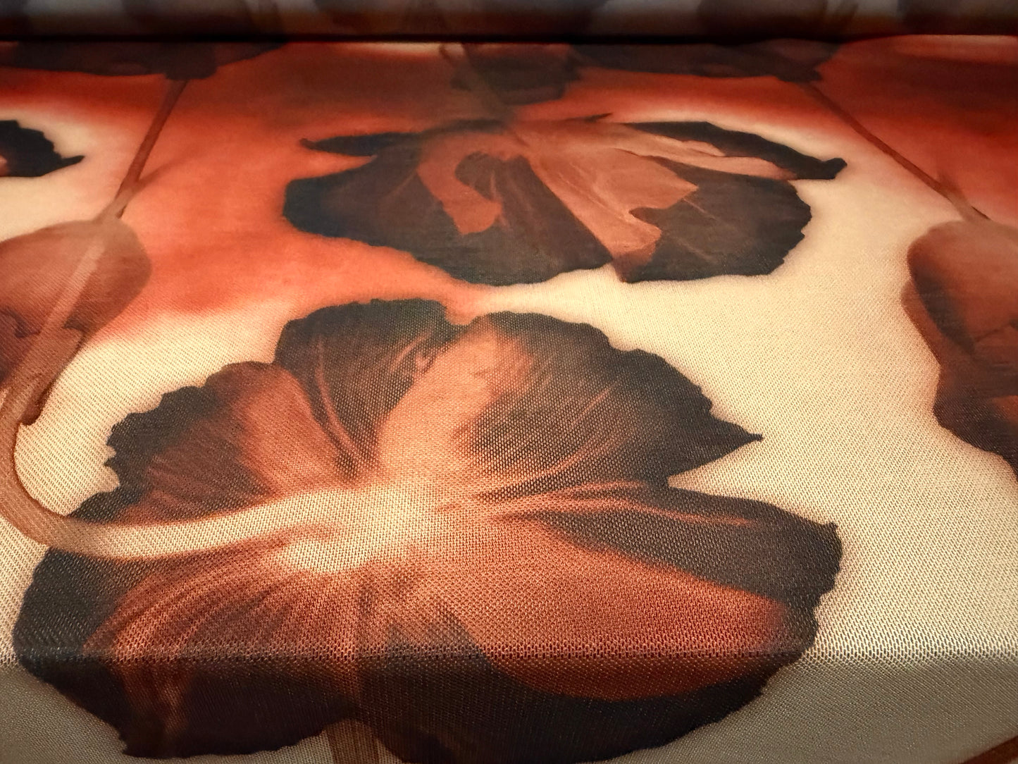 Power mesh net stretch spandex fabric, per metre - stylised poppy print - brown rust & beige