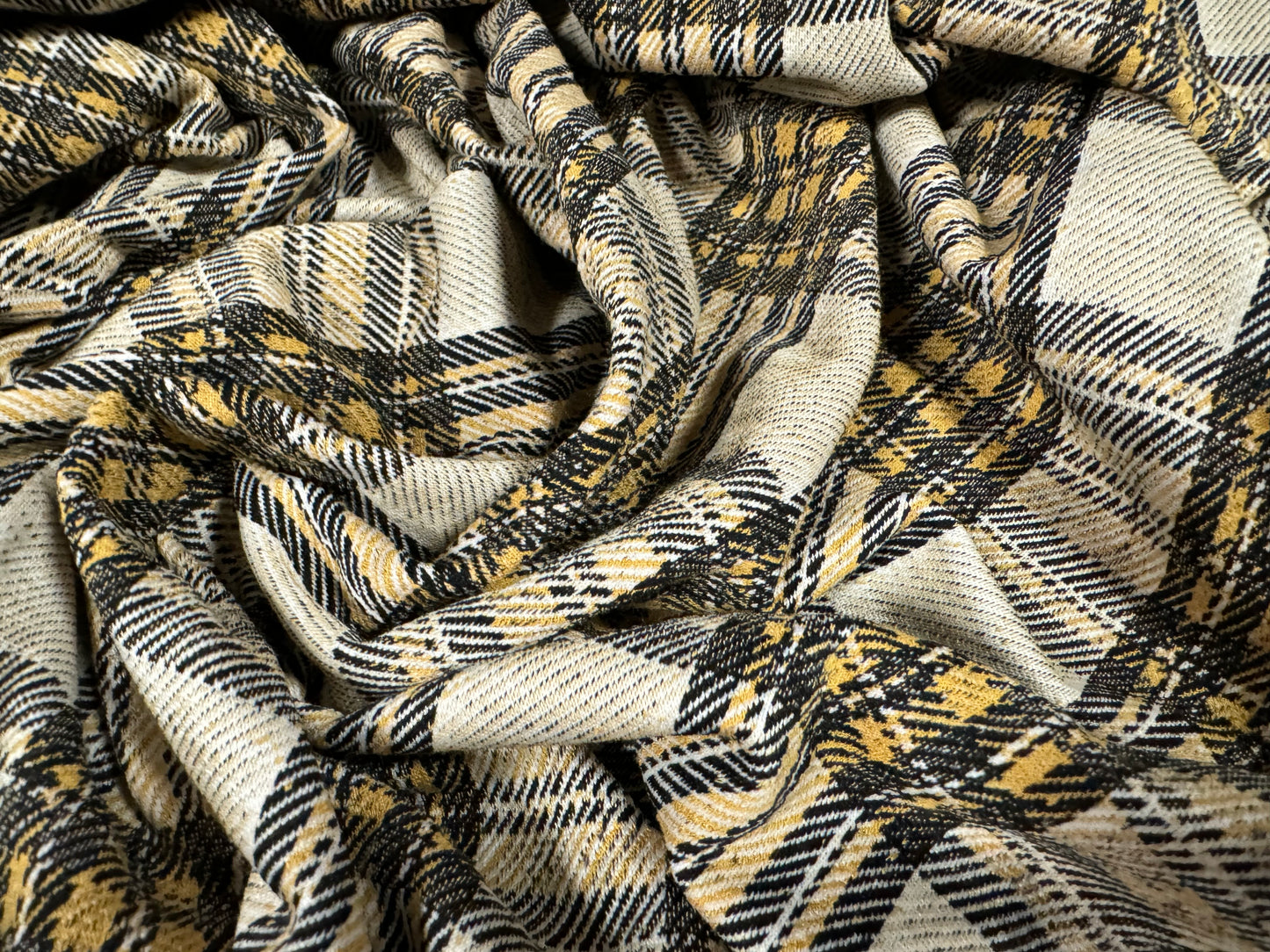 Stretch spandex double jersey fabric, per metre - tartan plaid - mustard & stone