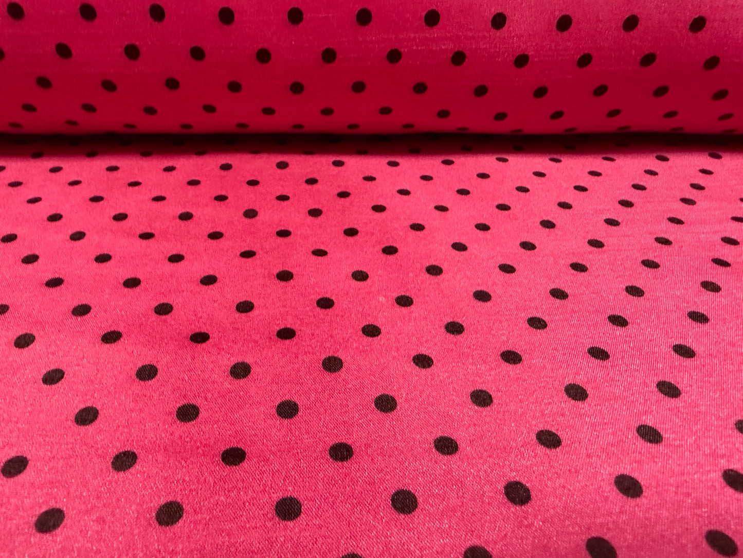Shantung satin faux silk woven dress fabric, per metre - spot print - cerise pink