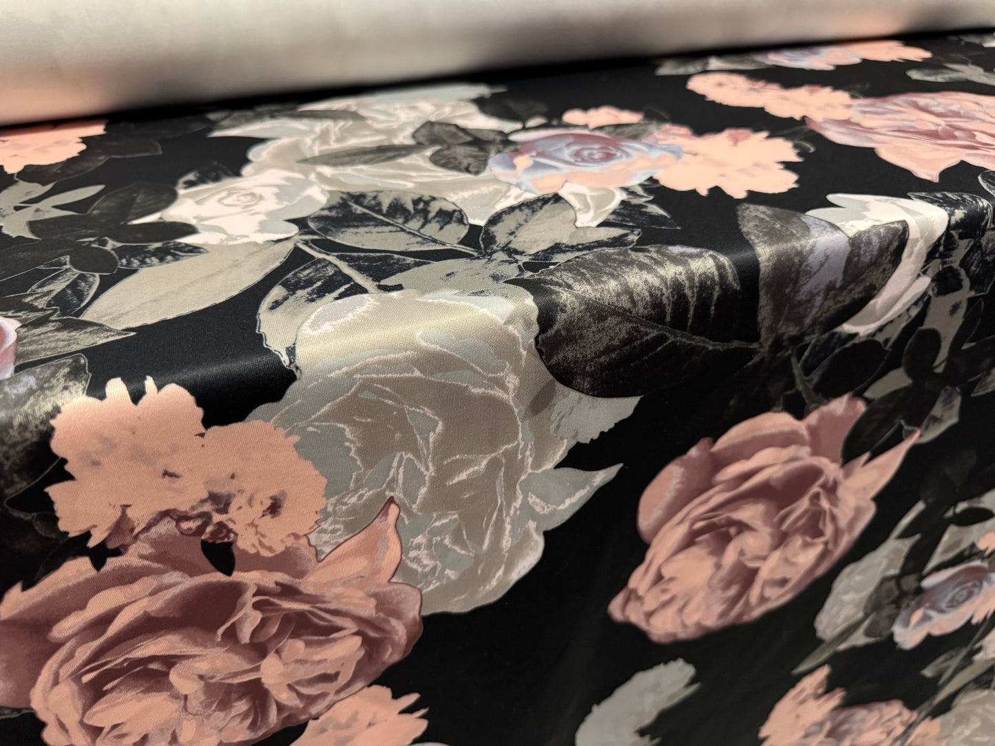 Scuba stretch spandex double jersey dress fabric, per metre - roses floral digital print - black pink & grey
