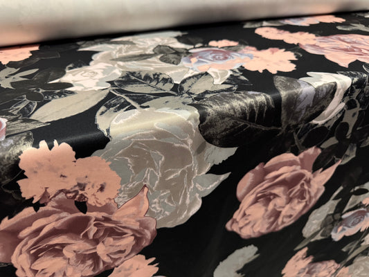 Scuba stretch spandex double jersey dress fabric, per metre - roses floral digital print - black pink & grey