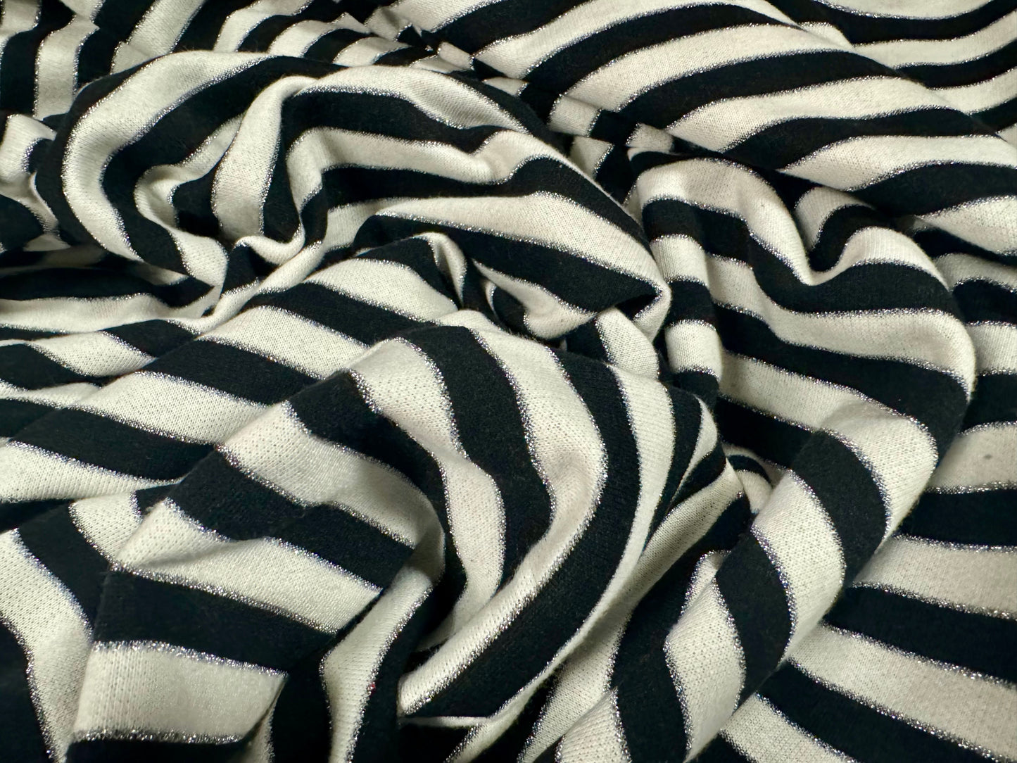 Metallic French Terry loopback sweatshirt fabric, per metre - stripe - black & ivory with silver lurex