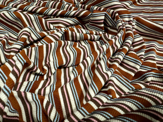 Stretch Spandex rib jersey fabric, per metre - stripe - chestnut cream & blue