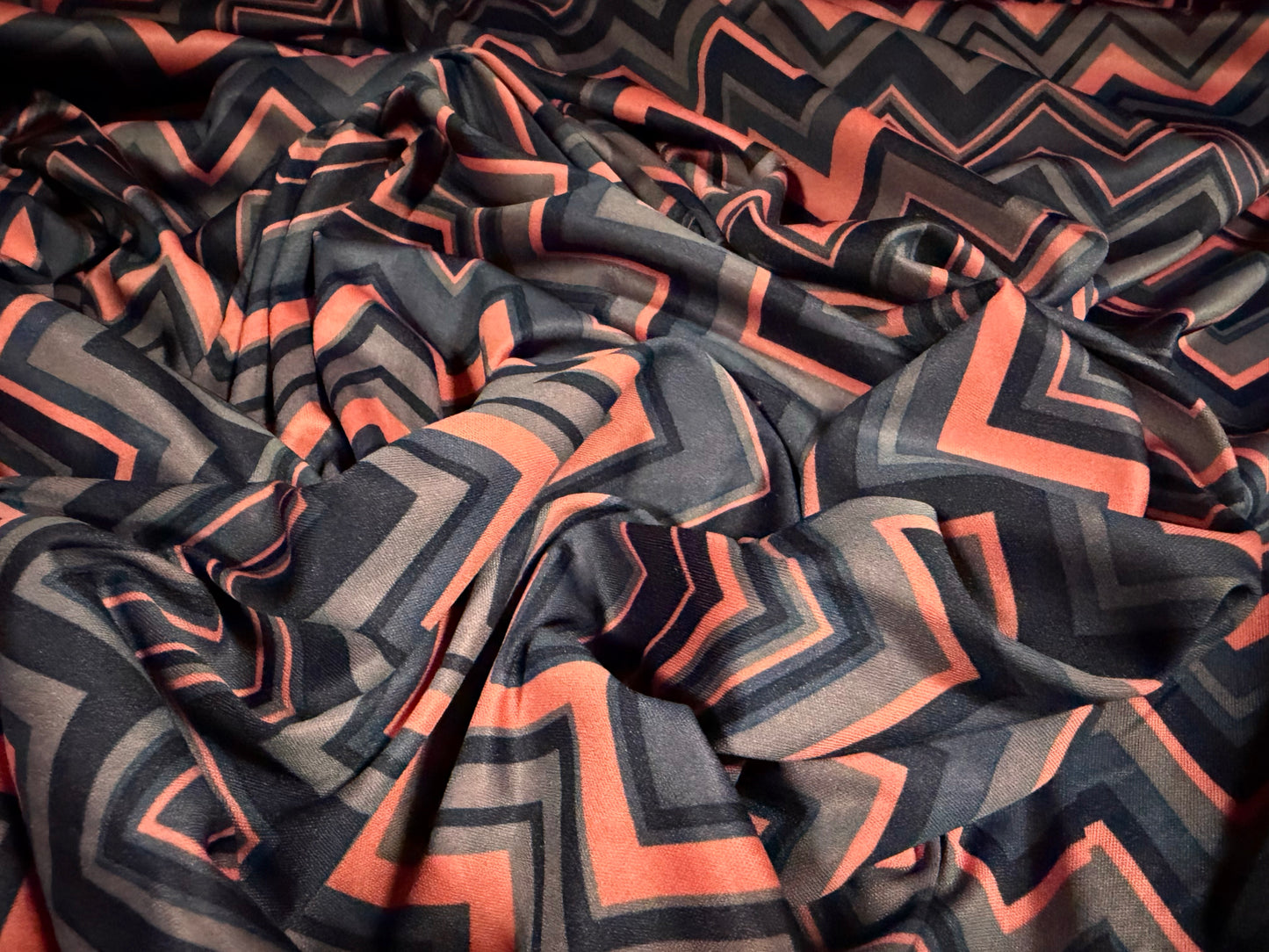 Single jersey fashion fabric - chevron zigzag print - pink & steel blue