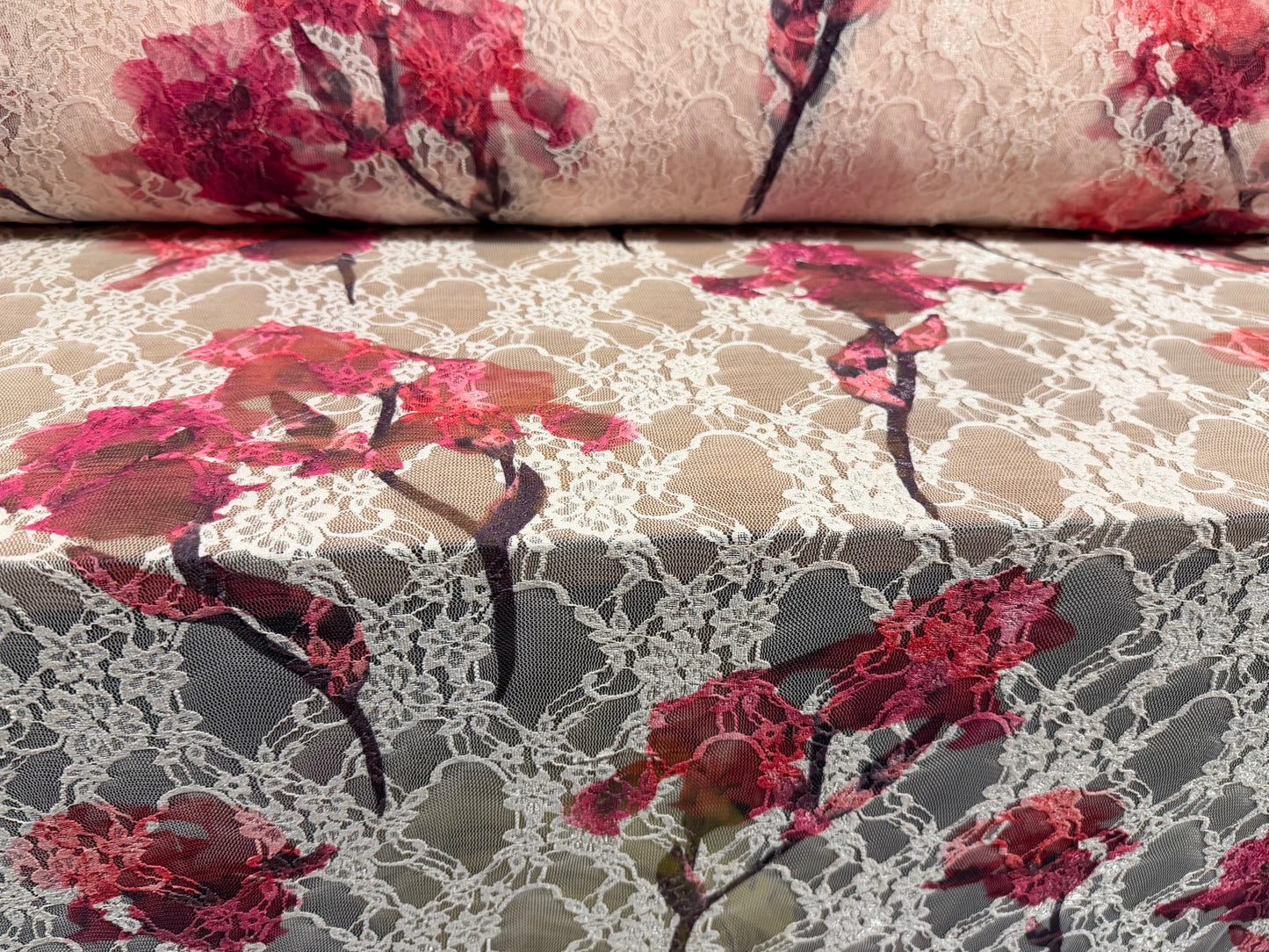 Stretch spandex mesh lace fabric, per metre - Iris floral print - blush pink