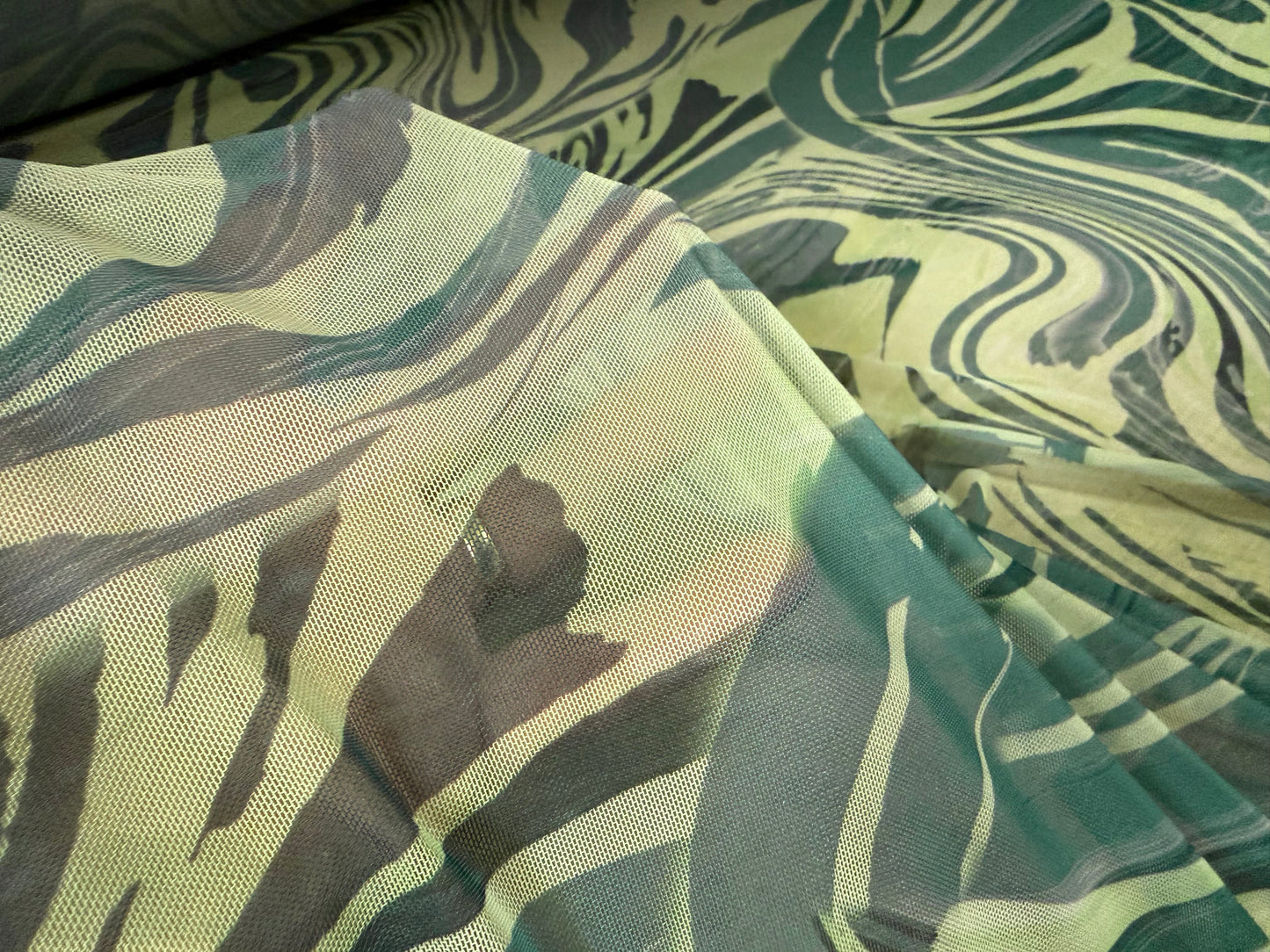 Power mesh net stretch spandex fabric, per metre - swirl print - olive & sage green