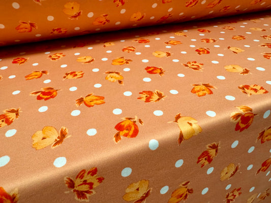 Scuba stretch spandex double jersey dress fabric, per metre - rose buds and polka dots print - dirty peach