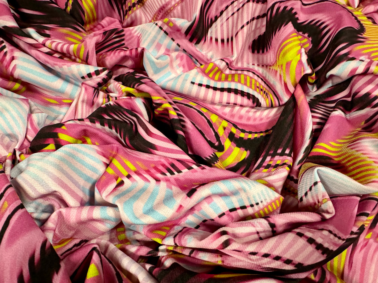 ITY stretch spandex single jersey fabric, per metre - abstract swirl print - hot pink & gold