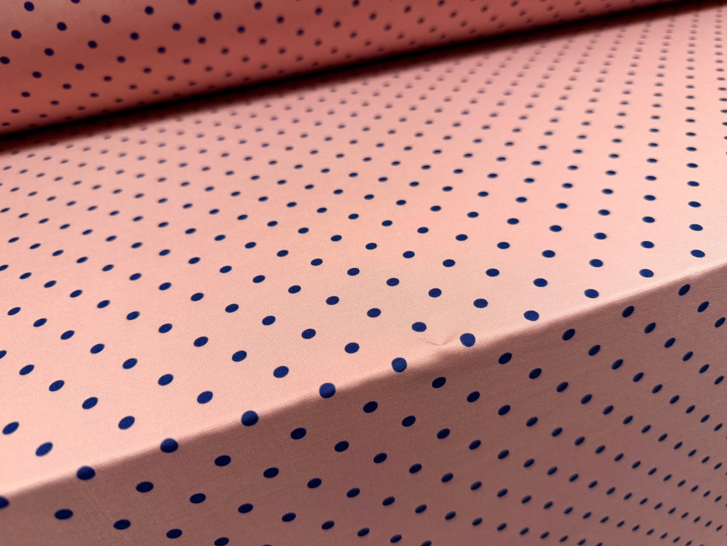 Stretch spandex single jersey ITY fabric, per metre - polka dot print - pink & navy