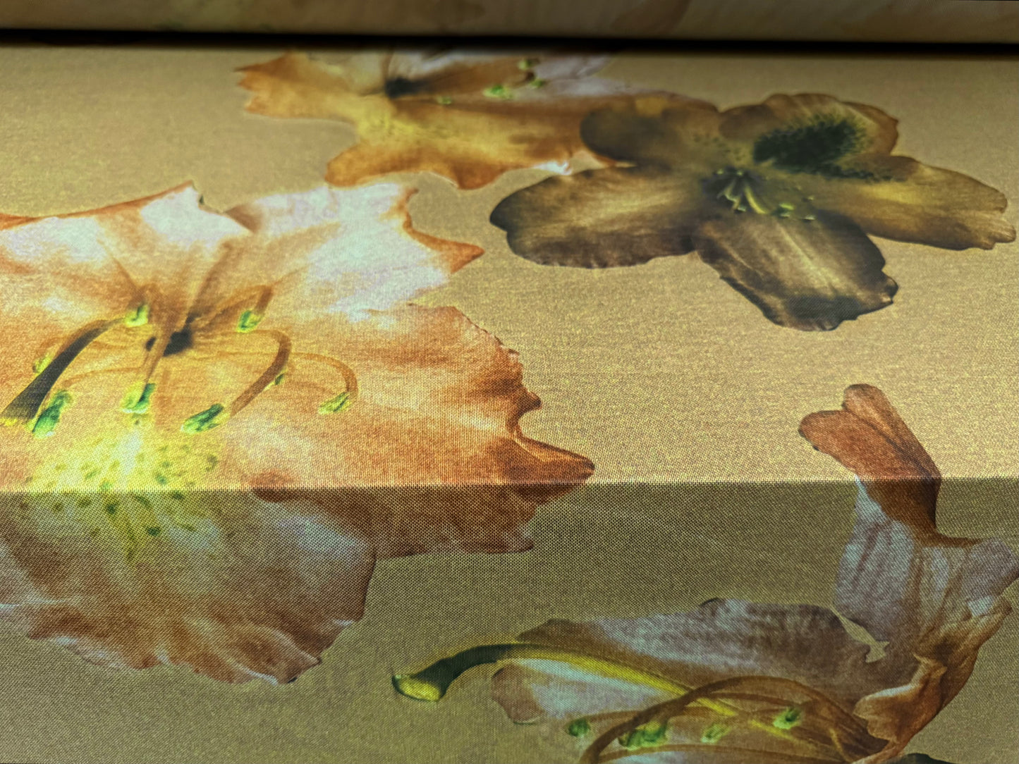 Power mesh net stretch spandex fabric, per metre - giant lily print - dirty mustard