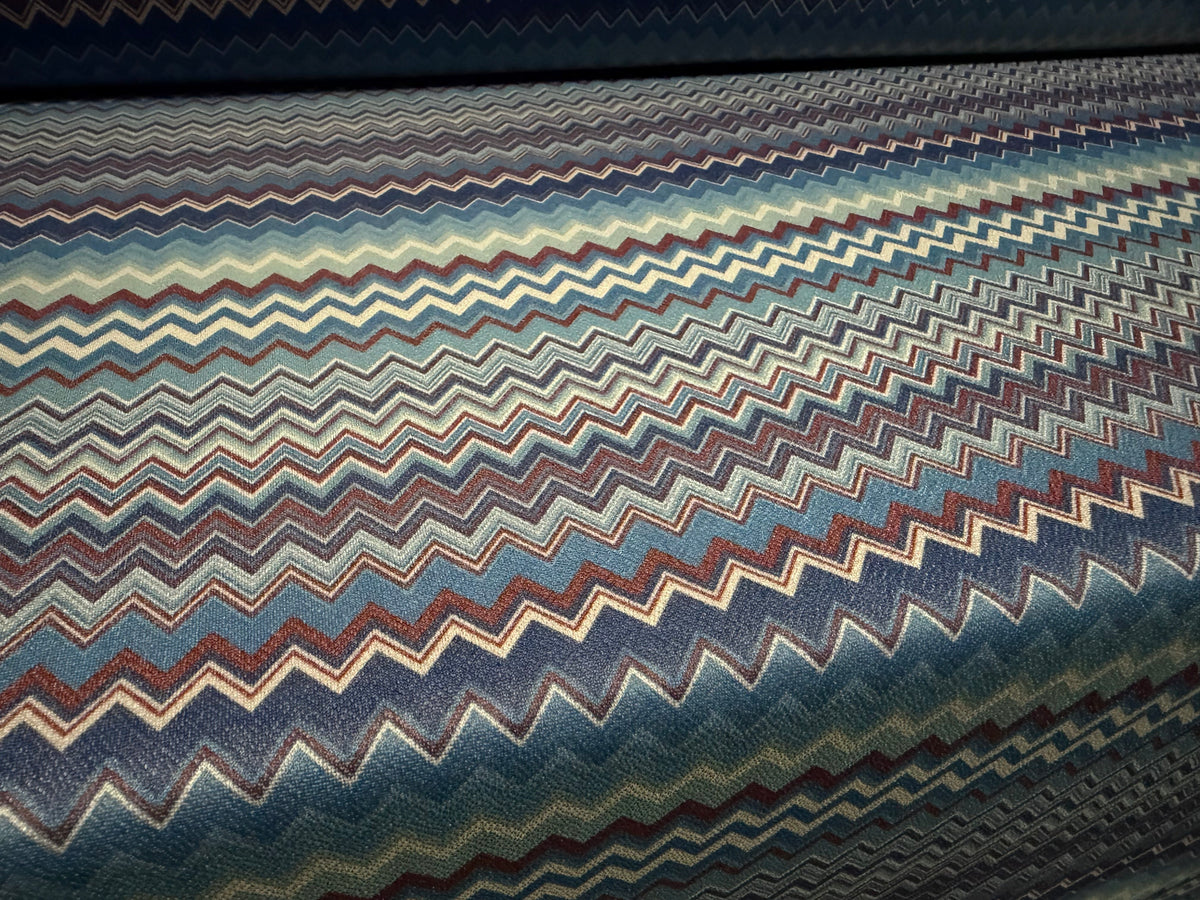Valentino crepe stretch jersey fabric, per metre - chevron zig zag print - blue grey & burgundy