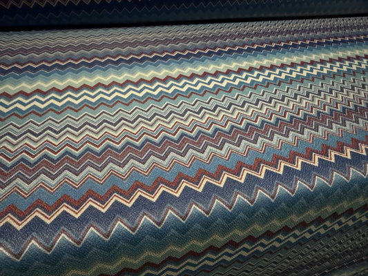 Valentino crepe stretch jersey fabric, per metre - chevron zig zag print - blue grey & burgundy