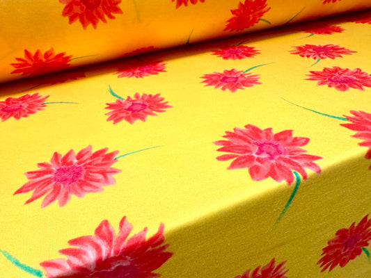 Stretch spandex interlock jersey fabric, per metre - floral print - bright yellow & pink