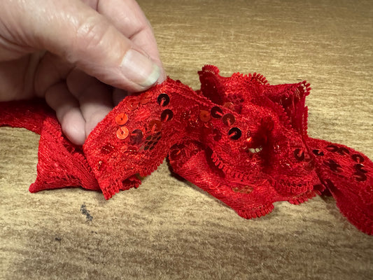Scalloped lace edging trim fabric with sequins - stretch - red
