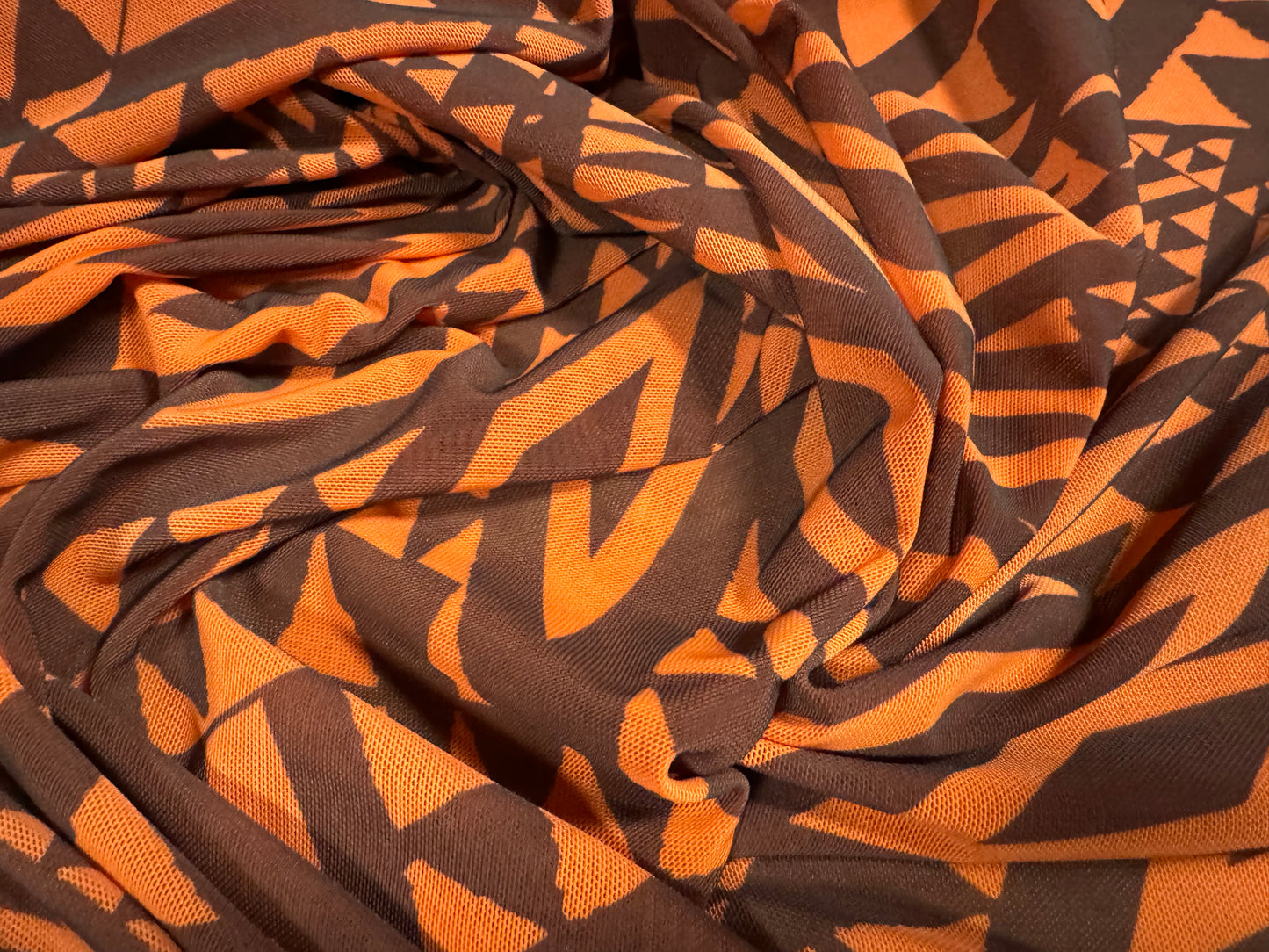 Power mesh net sheer stretch spandex fabric, per metre - tribal tattoo print - orange