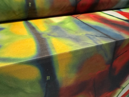 Power mesh net stretch spandex fabric, per metre - Mystic Forest print - multicolour