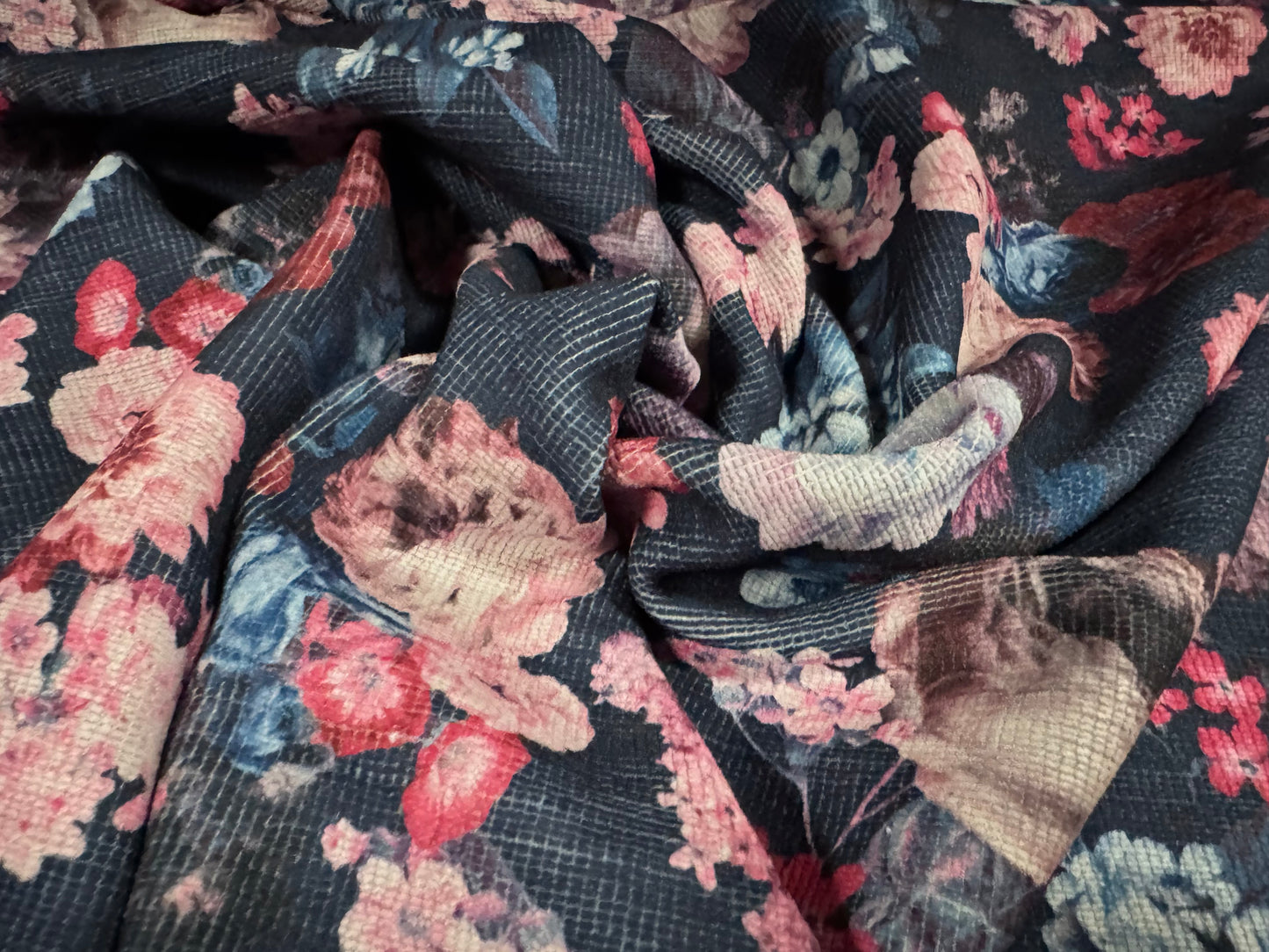 Chenille upholstery fabric, per metre - roses print - navy & pink