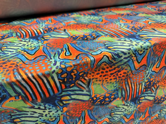 Swimwear stretch spandex jersey fabric, per metre - coral reef print - blue jade & orange